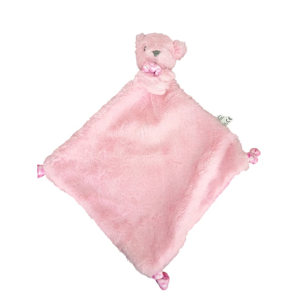 Pink Plush Bear Security Blanket With Gingham Reverse & Knotted Corners